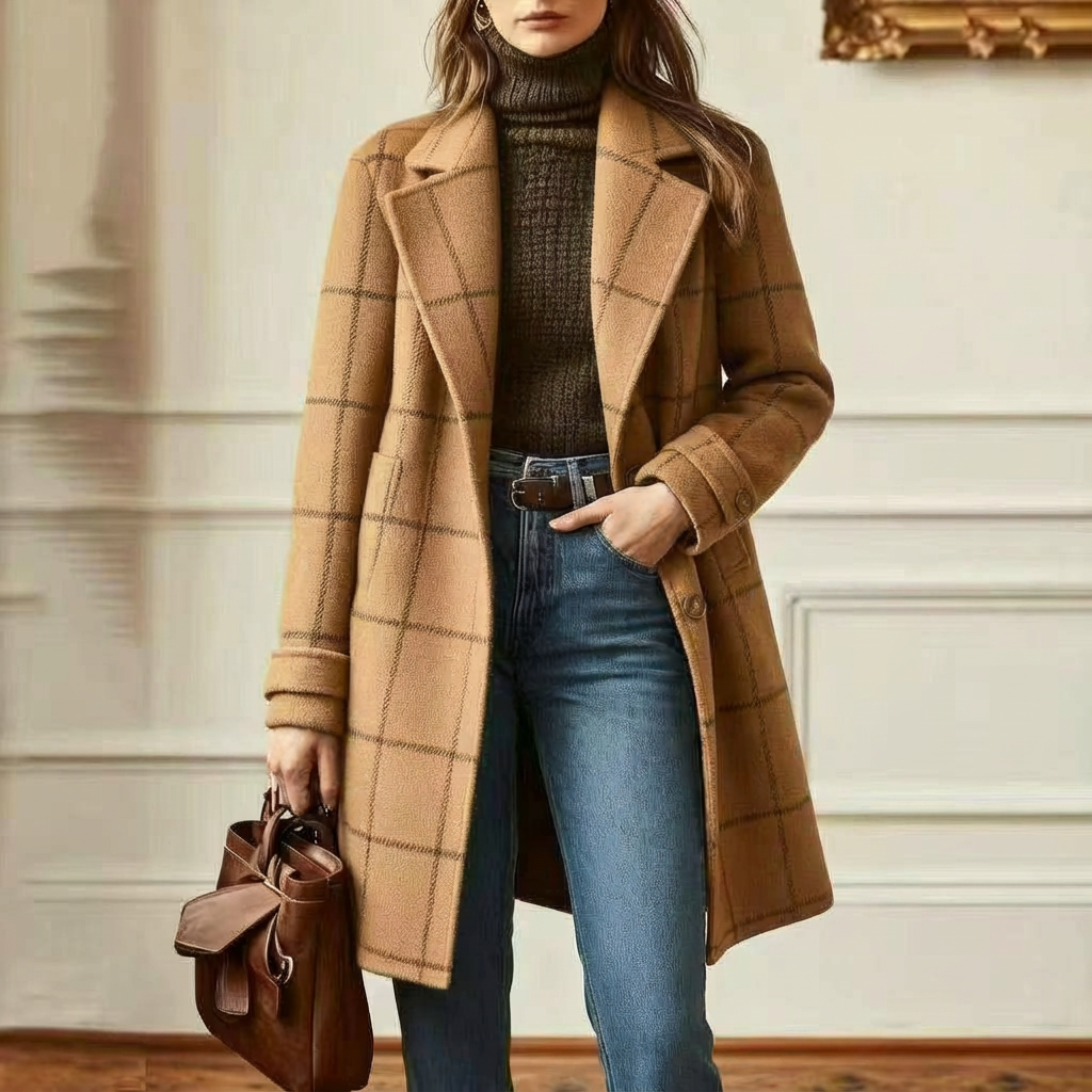 Cambridge Wool Check Coat Camel