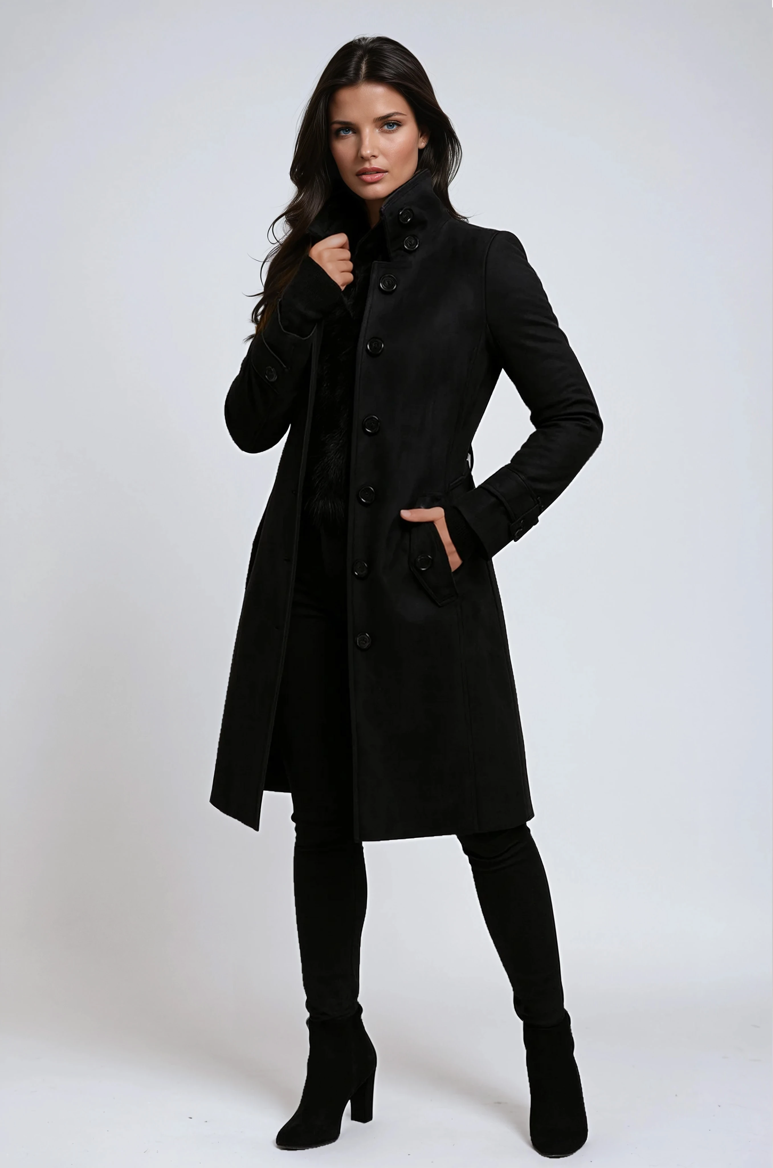 Trench winter coat with high collar