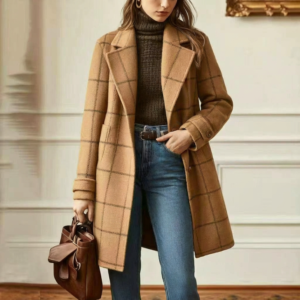 Cambridge Wool Check Coat Camel
