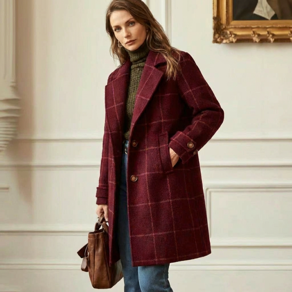 Cambridge Wool Check Coat Burgundy