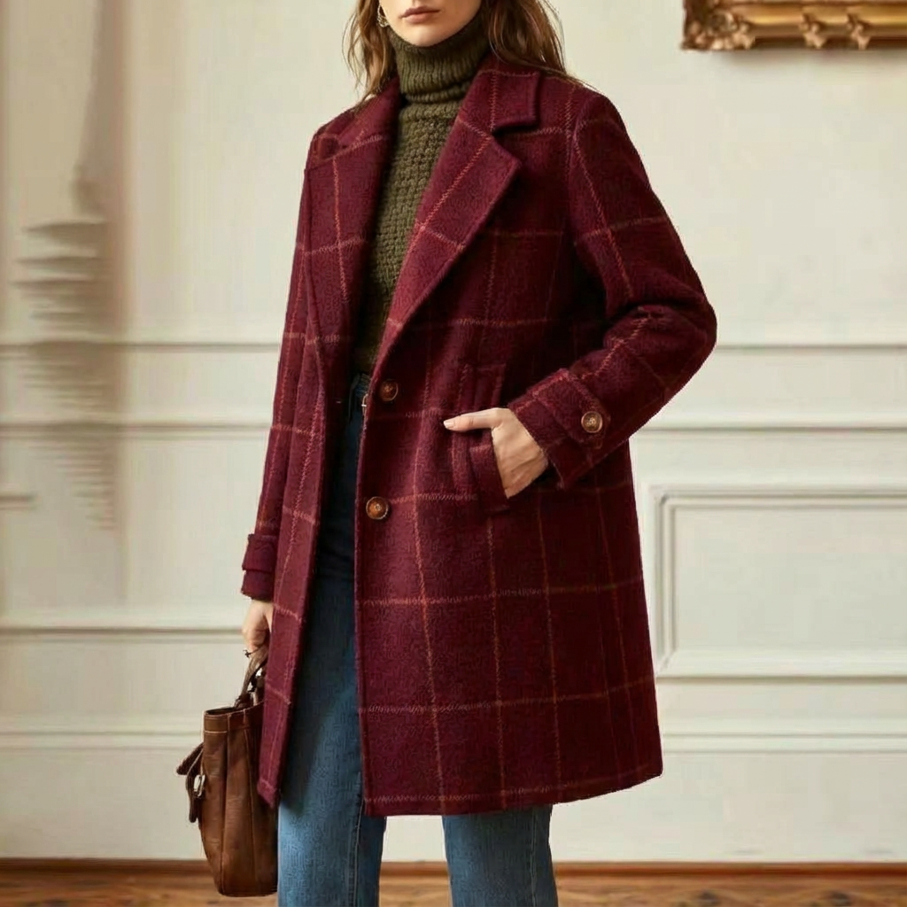 Cambridge Wool Check Coat Burgundy